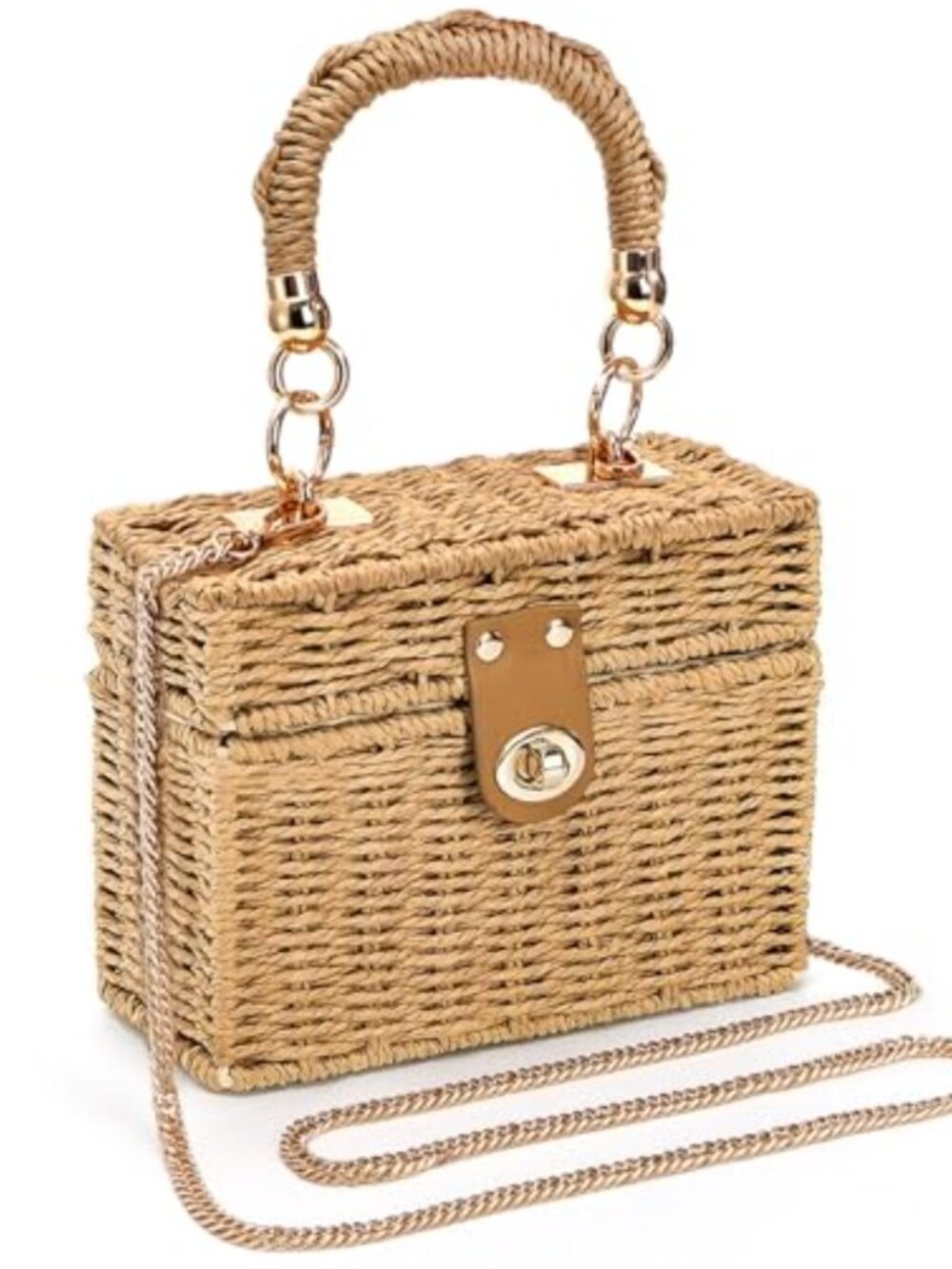 Handmade Woven Straw Crossbody Bag with Gold Chain Strap